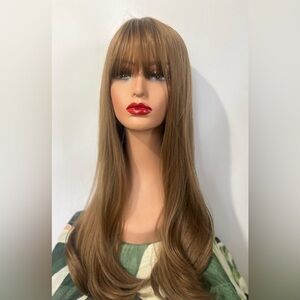 WIG Light Brown  Wavy Long Brown Wig with Bangs